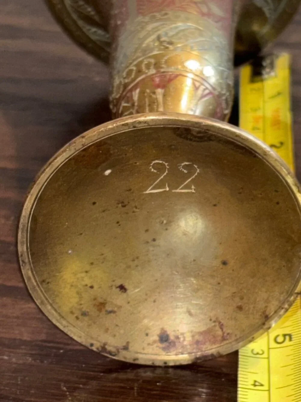 Vintage Etched Brass Bud Vase Red/White Floral Detailing 5
